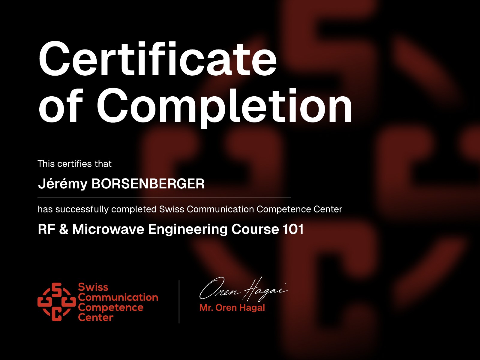 Certificate of Completion — RF & Microwave Engineering Course 101, Swiss Communication Competence Center